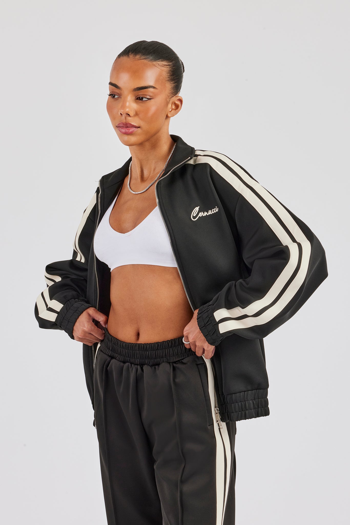 Funnel Neck Taping Zip Through Track Jacket - Black